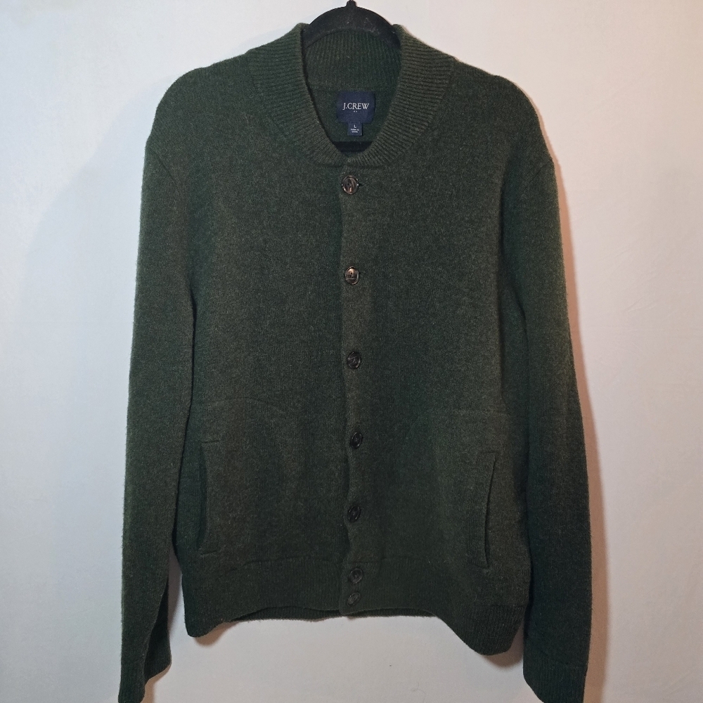 J. Crew Factory Men's Lambswool Bomber Sweater Olive Green Button Front Cardigan